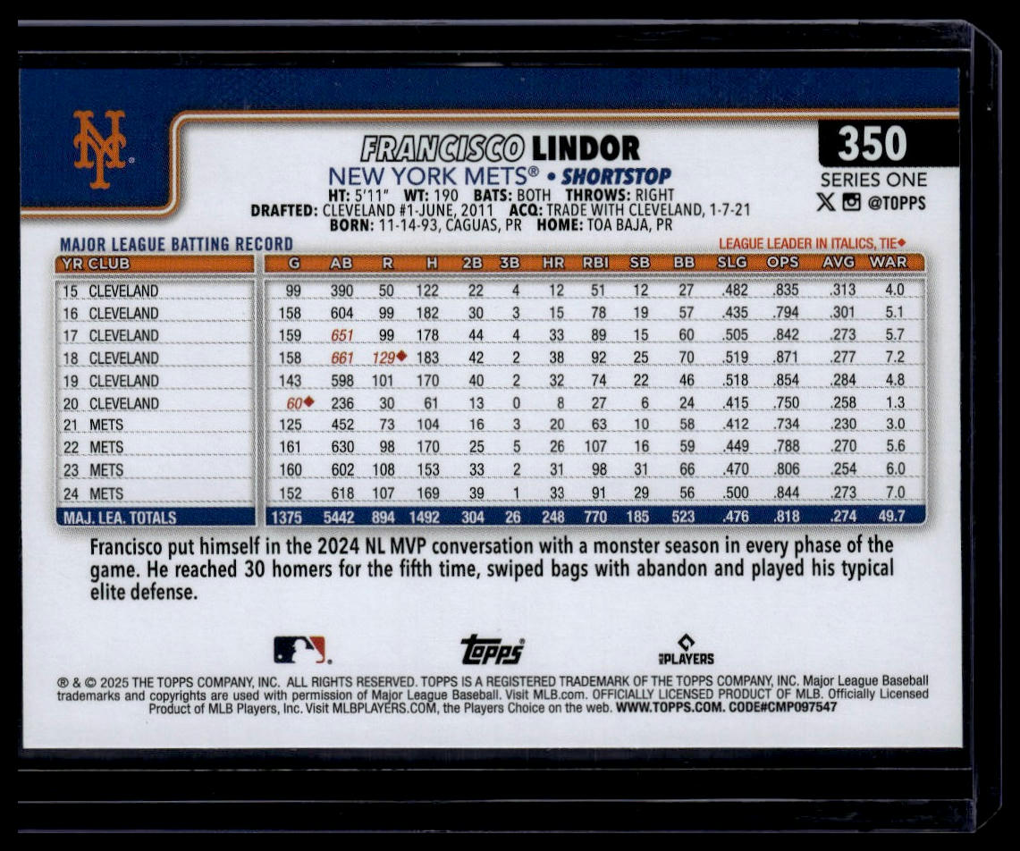 2025 Topps #350 Francisco Lindor Diamante Foil