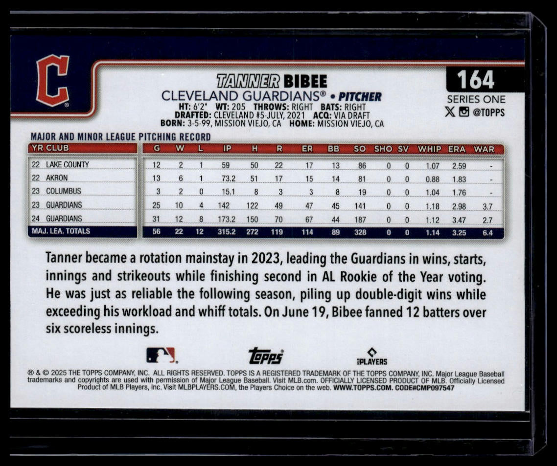 2025 Topps #164 Tanner Bibee Rainbow Foil