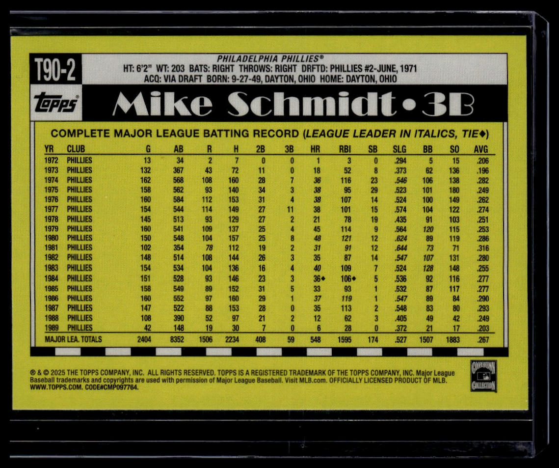 2025 Topps #T90-2 Mike Schmidt 1990 Topps Baseball 35th Anniversary (Series One)