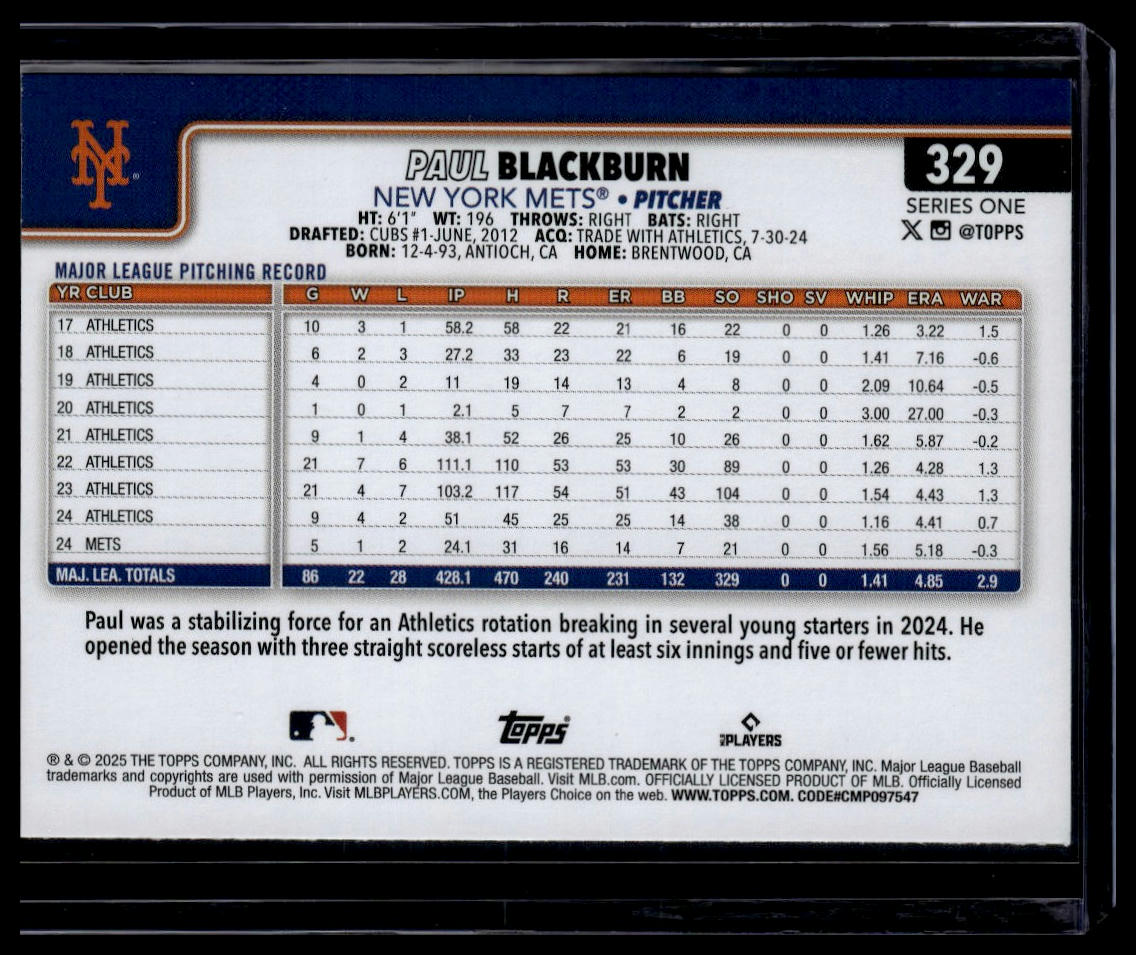 2025 Topps #329 Paul Blackburn Topps Foil Pattern