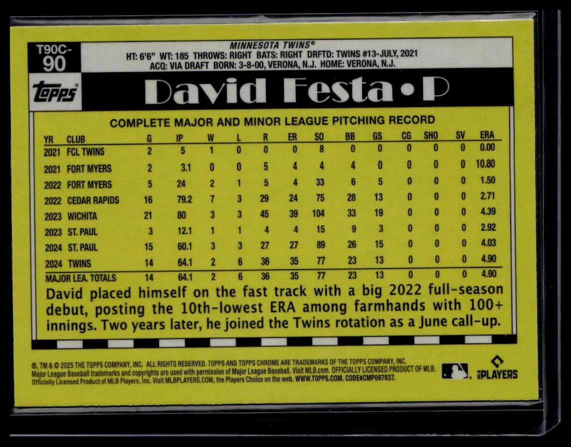 2025 Topps #T90C-90 David Festa Aqua Refractors #/199