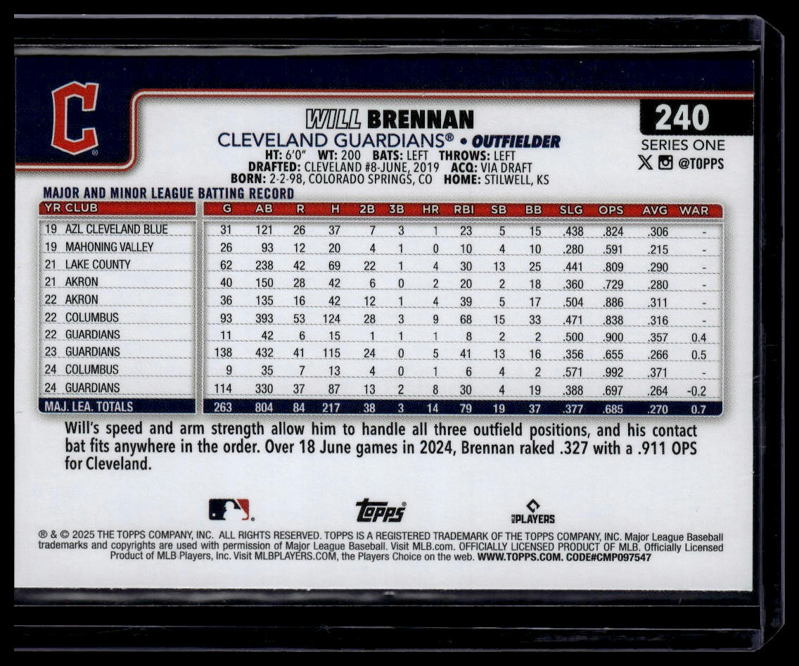 2025 Topps #240 Will Brennan Rainbow Foil