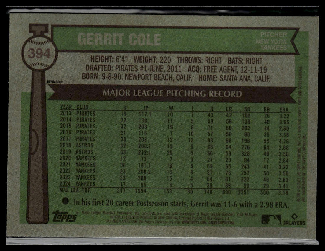 2025 Topps Heritage #394 Gerrit Cole Chrome Refractor