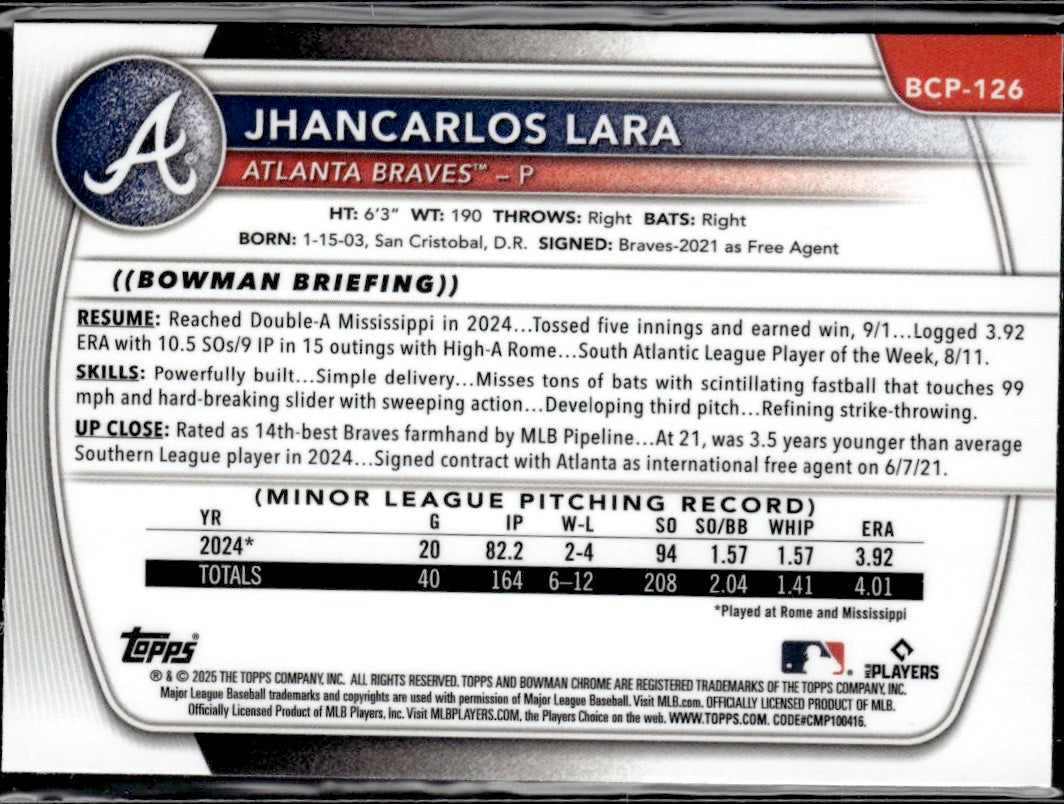 2025 Bowman #BCP-126 Jhancarlos Lara Chrome Prospects