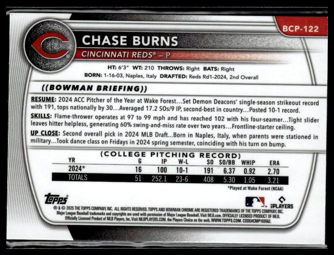 2025 Bowman #BCP-122 Chase Burns Chrome Prospects Mojo Refractor