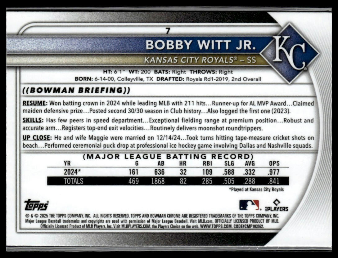 2025 Bowman #7 Bobby Witt Jr. Chrome Mojo Refractor