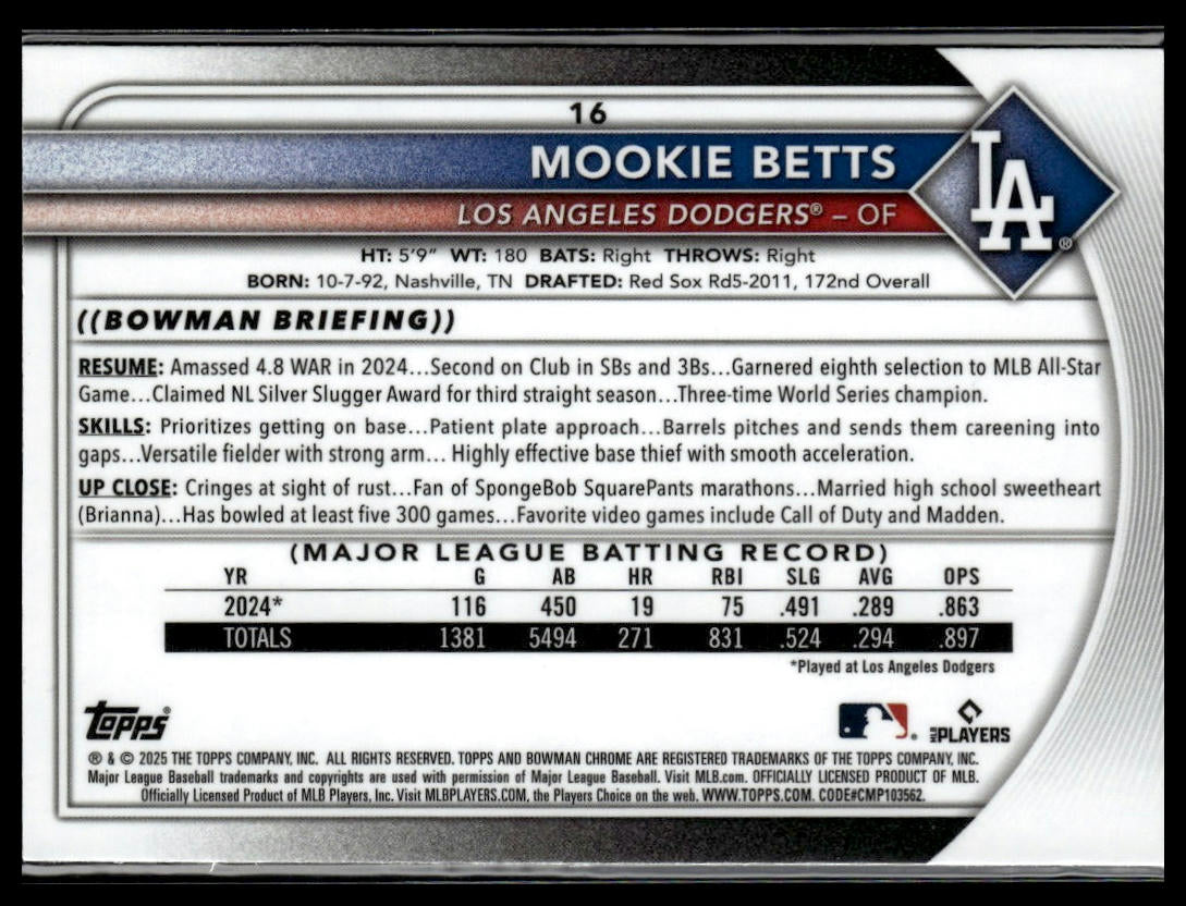 2025 Bowman #16 Mookie Betts Chrome Mojo Refractor