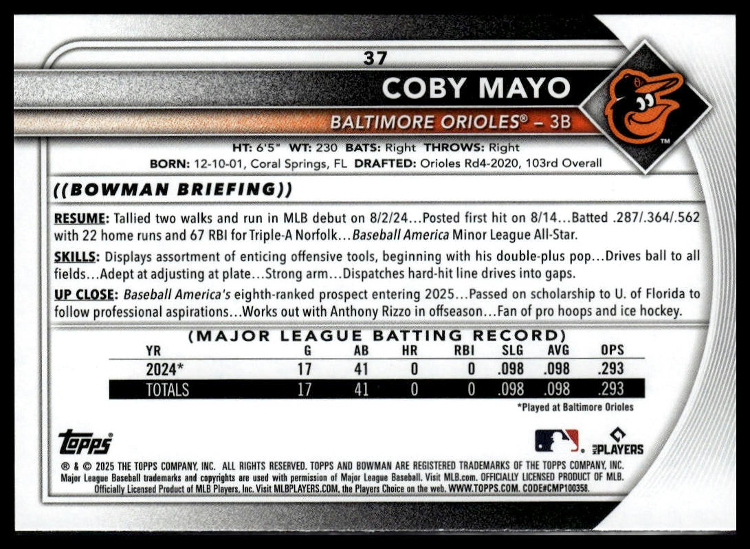 2025 Bowman #37 Coby Mayo