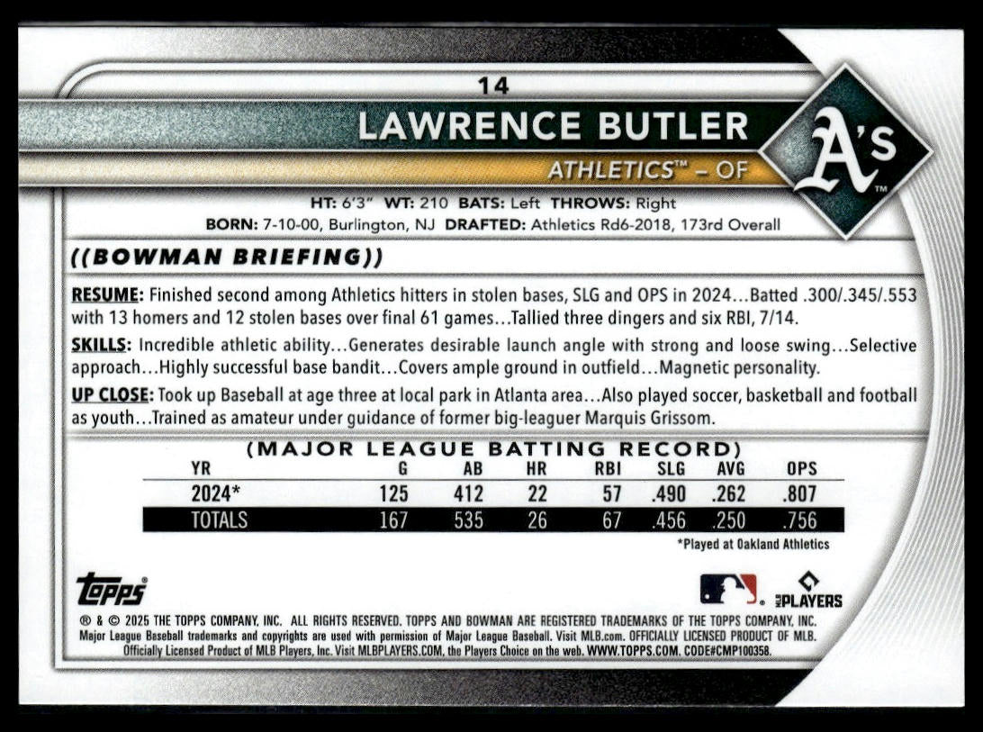 2025 Bowman #14 Lawrence Butler