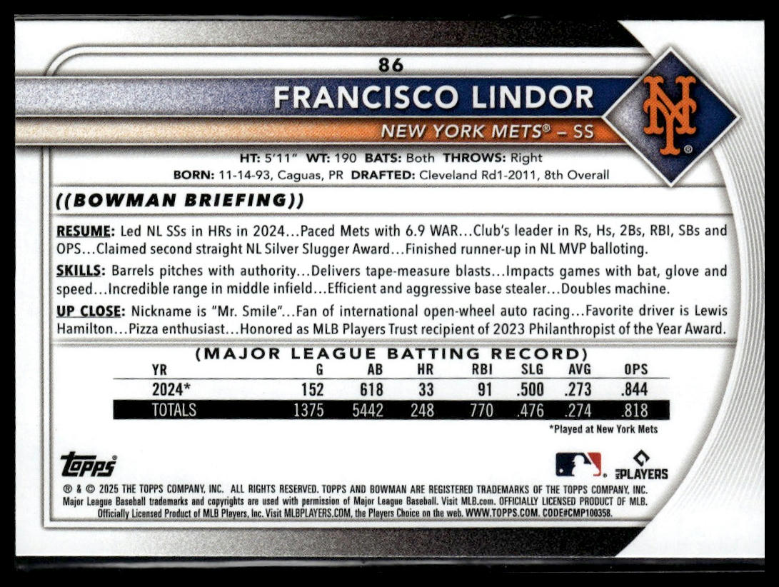 2025 Bowman #86 Francisco Lindor