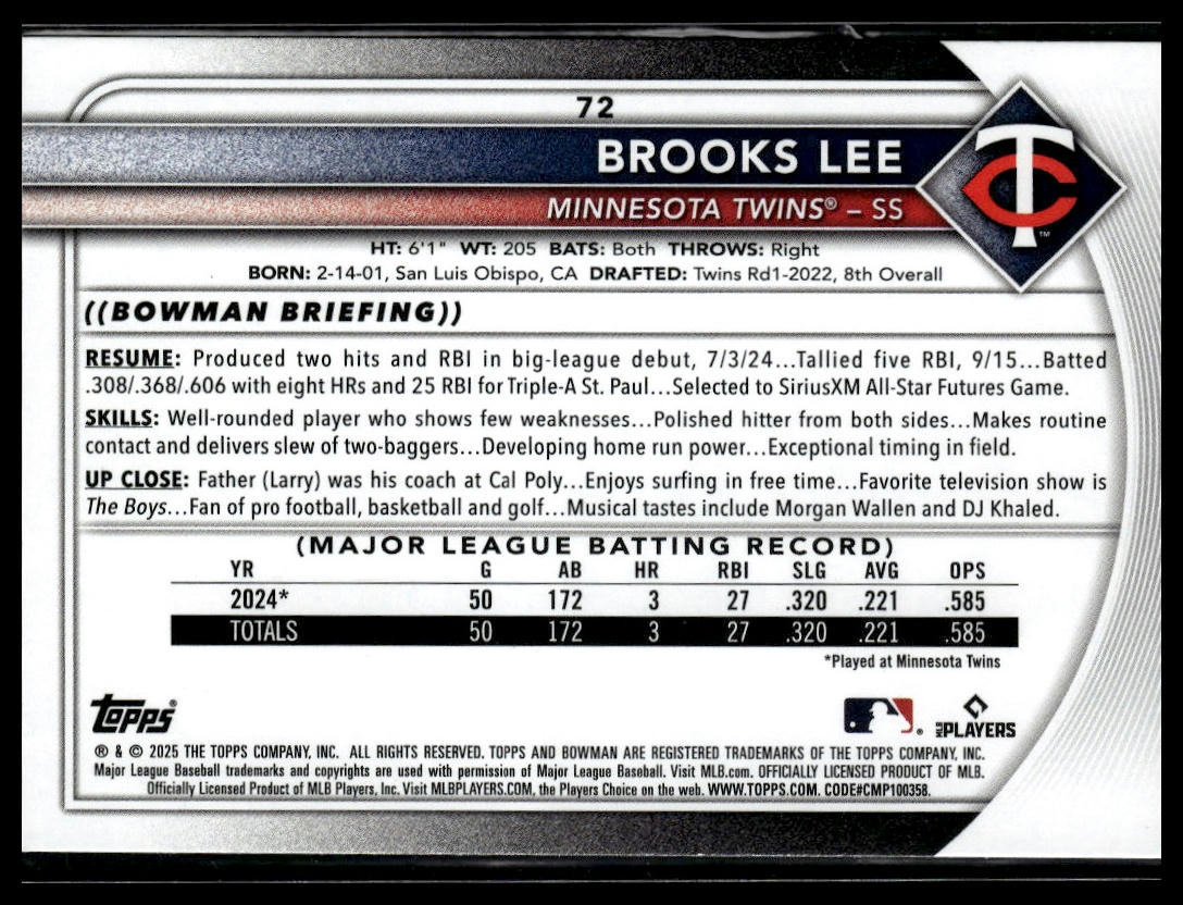 2025 Bowman #72 Brooks Lee