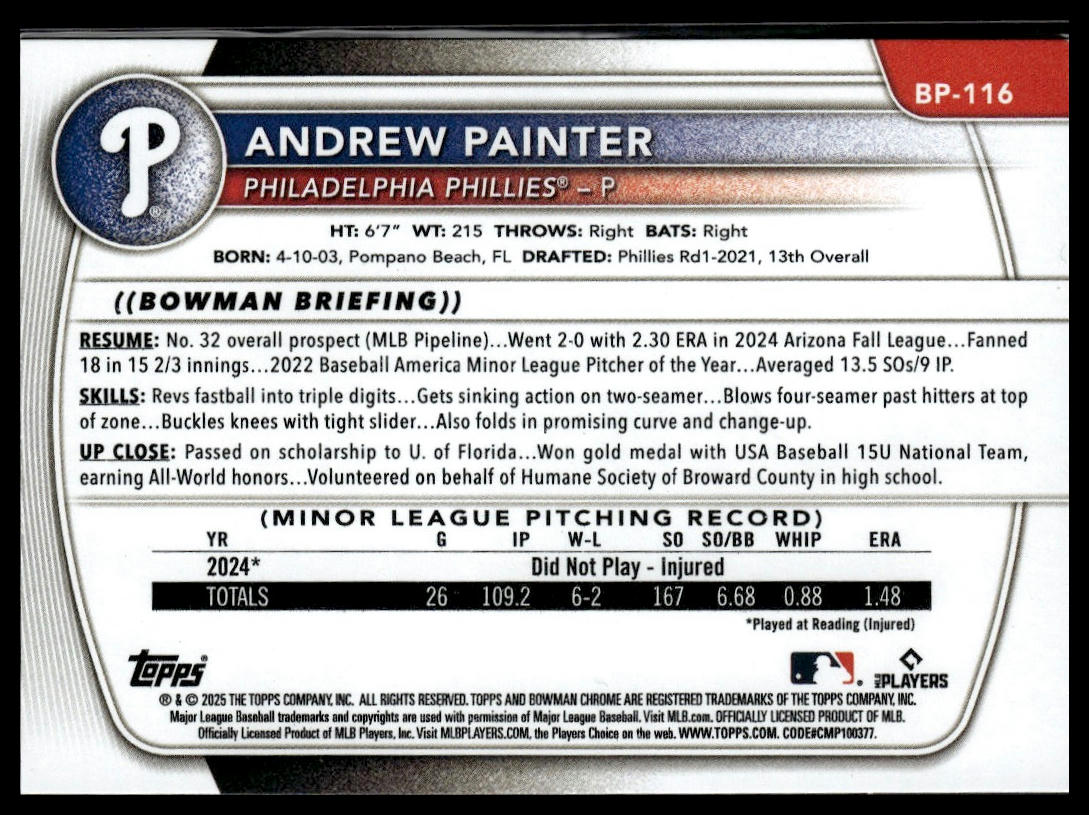 2025 Bowman #BP-116 Andrew Painter Prospects