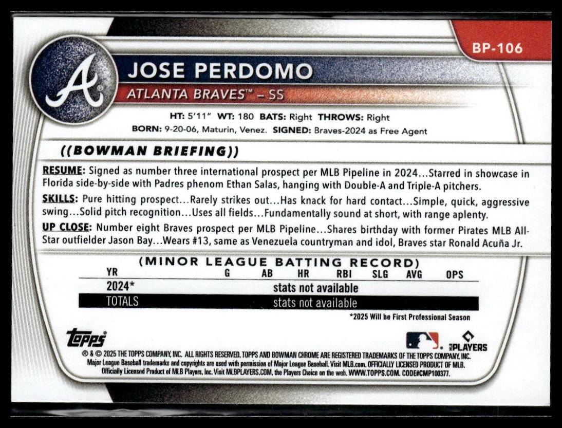 2025 Bowman #BP-106 Jose Perdomo Prospects