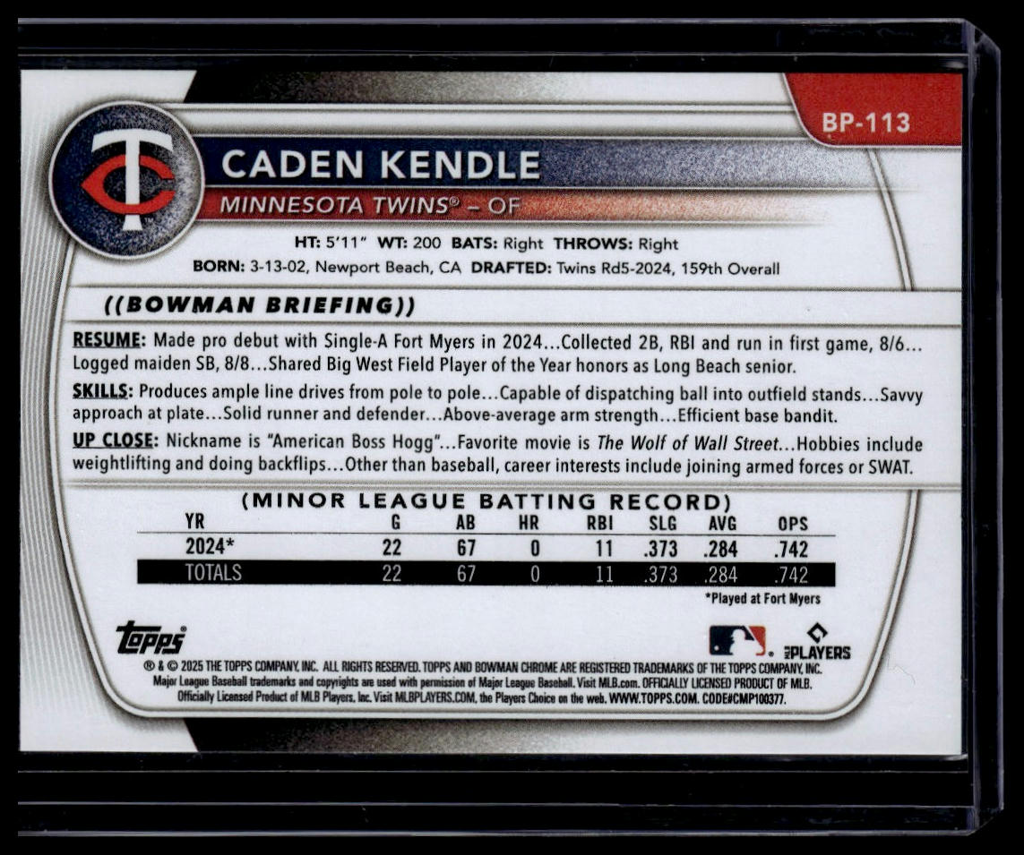 2025 Bowman #BP-113 Caden Kendle Prospects