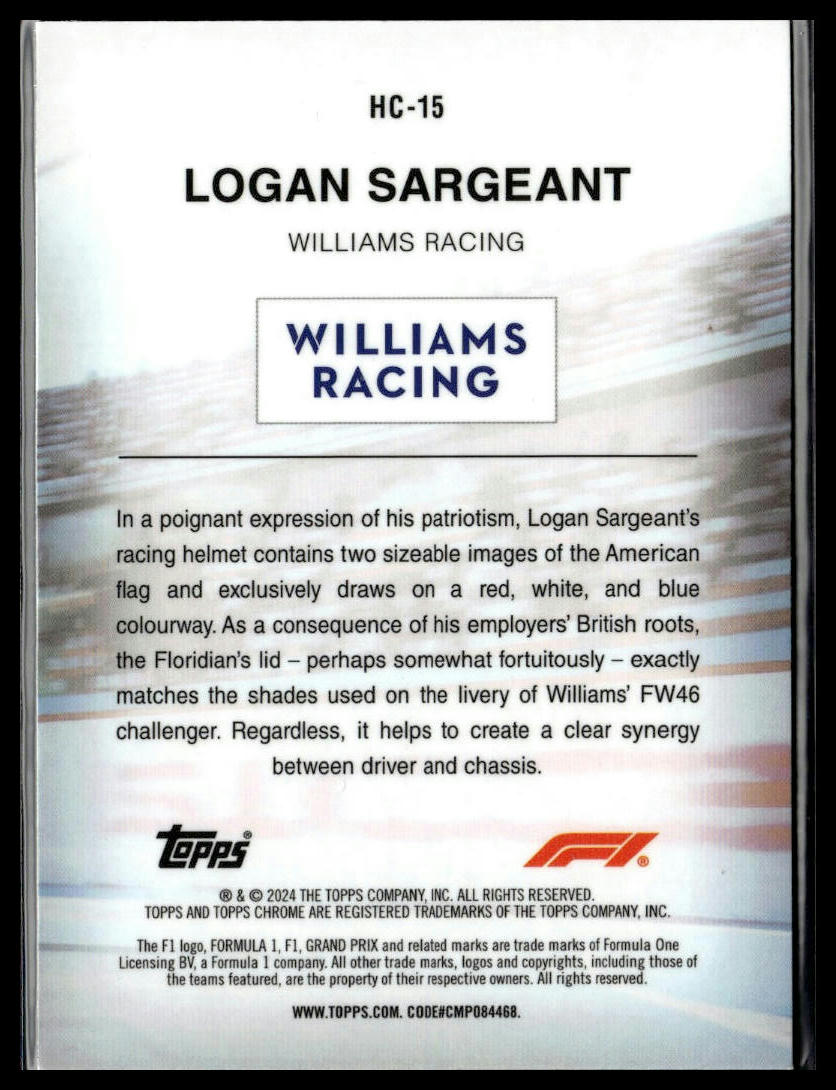 2024 Topps Chrome Formula 1 #HC-15 Logan Sargeant Helmet Collection