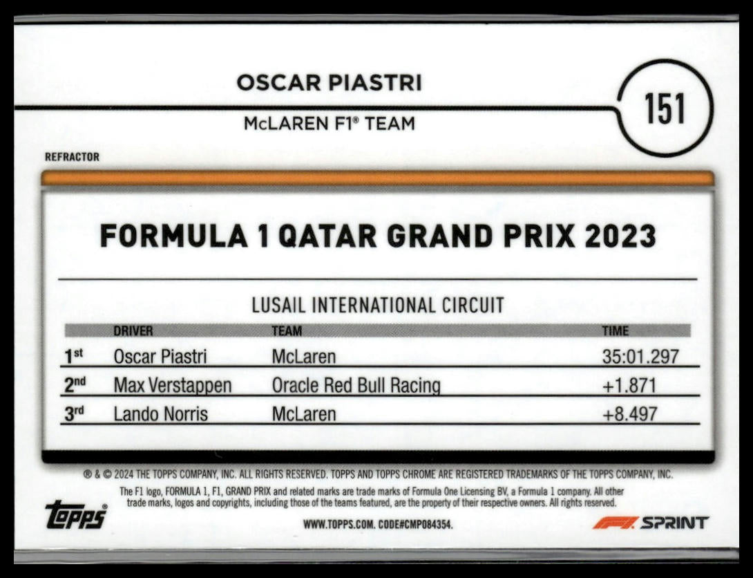 2024 Topps Chrome Formula 1 #151 Oscar Piastri Refractor