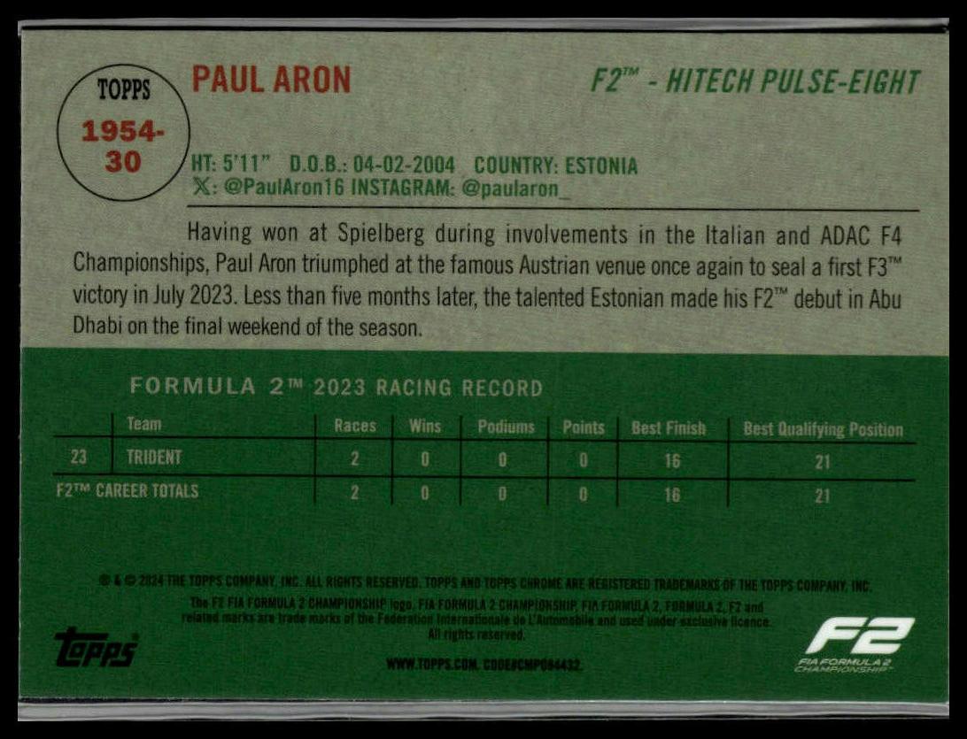 2024 Topps Chrome Formula 1 #1954-30 Paul Aron 1954 Topps