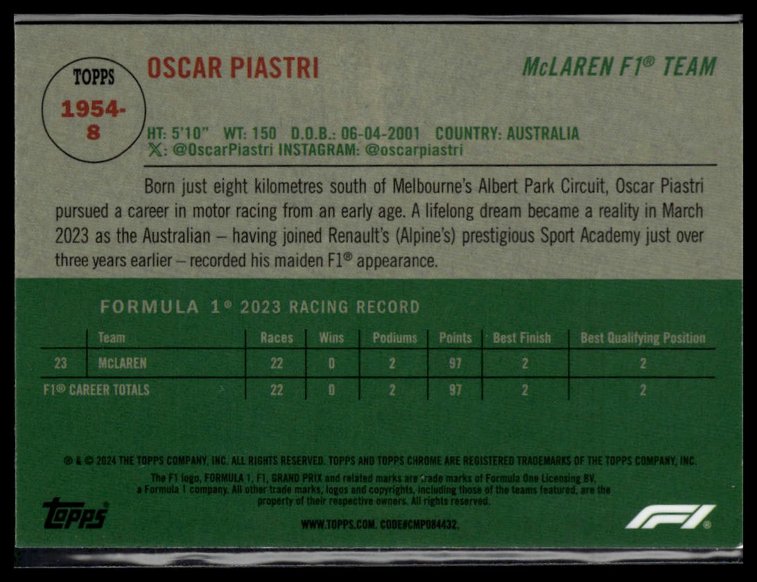 2024 Topps Chrome Formula 1 #1954-8 Oscar Piastri 1954 Topps