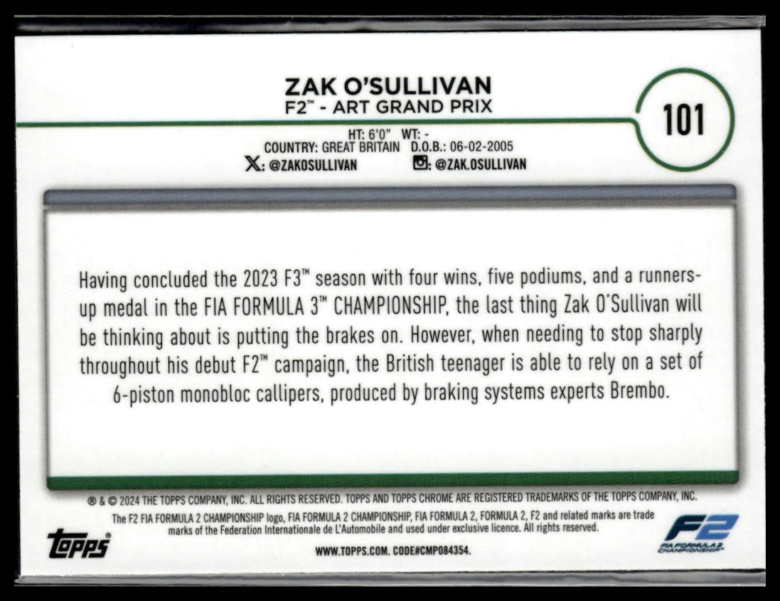 2024 Topps Chrome Formula 1 #101 Zak O'Sullivan Checker Flag Gold #/50