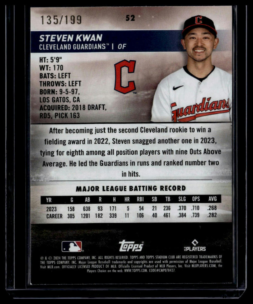 2024 Stadium Club #52 Steven Kwan Chrome Green Refractors