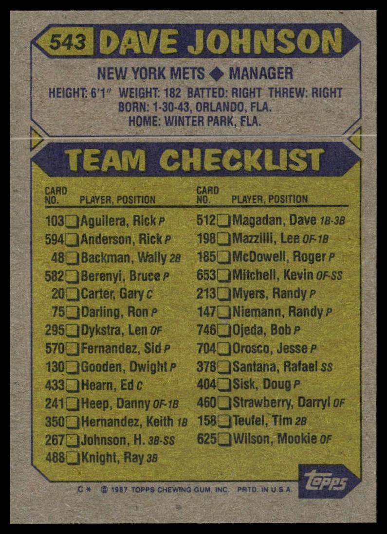 1987 Topps #543 Dave Johnson