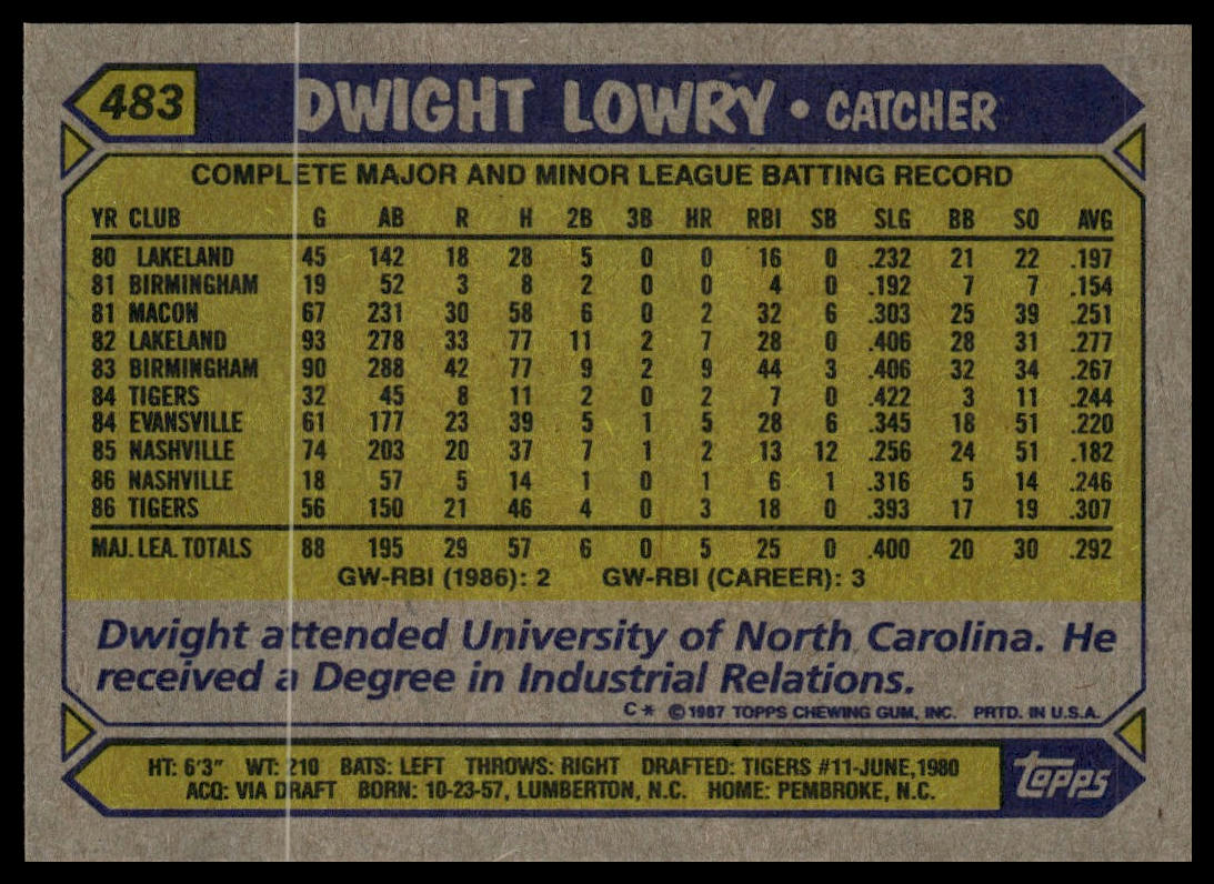 1987 Topps #483 Dwight Lowry