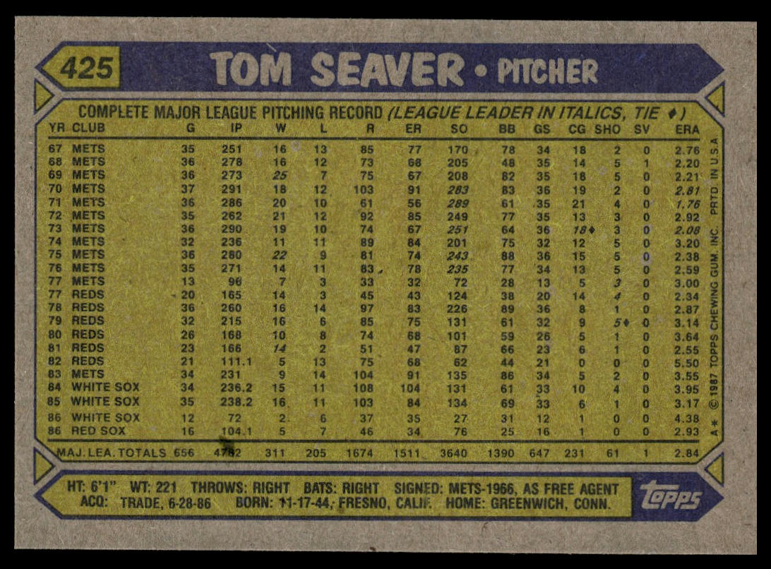 1987 Topps #425 Tom Seaver