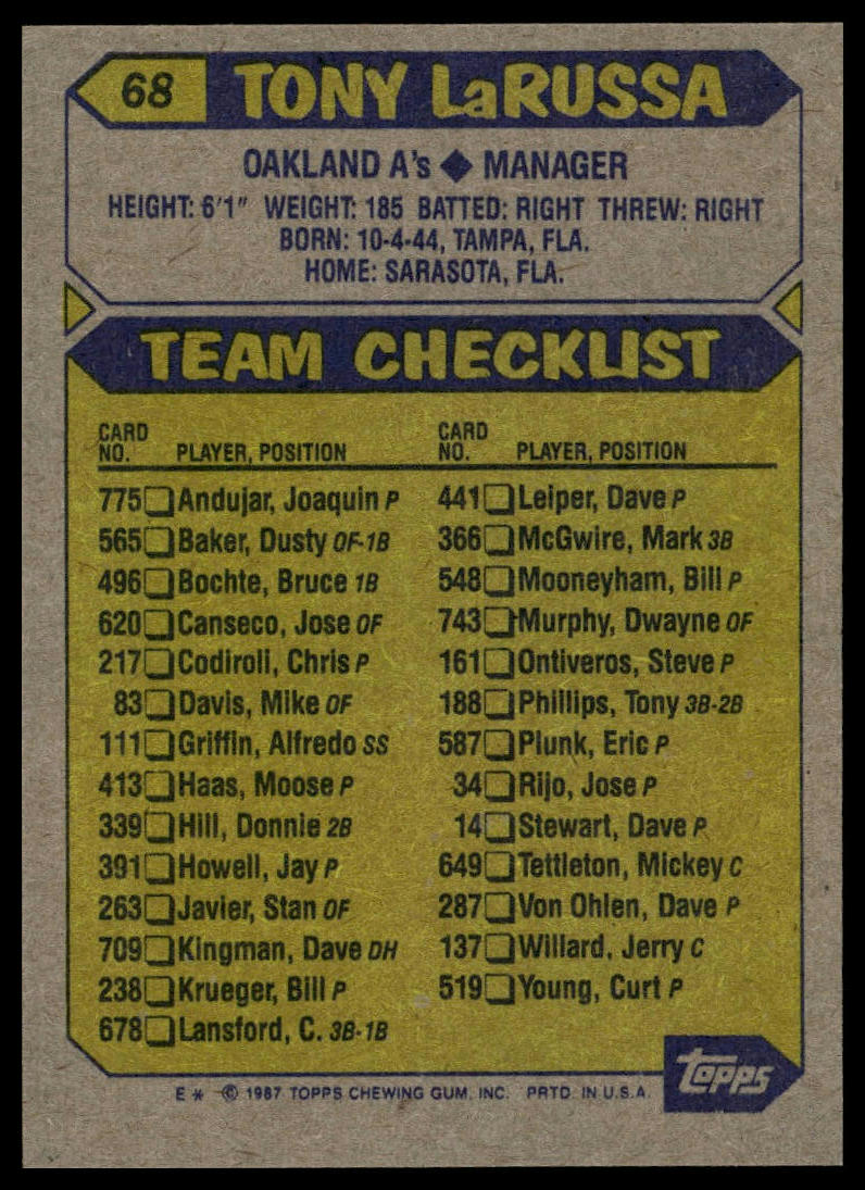 1987 Topps #68 Tony LaRussa