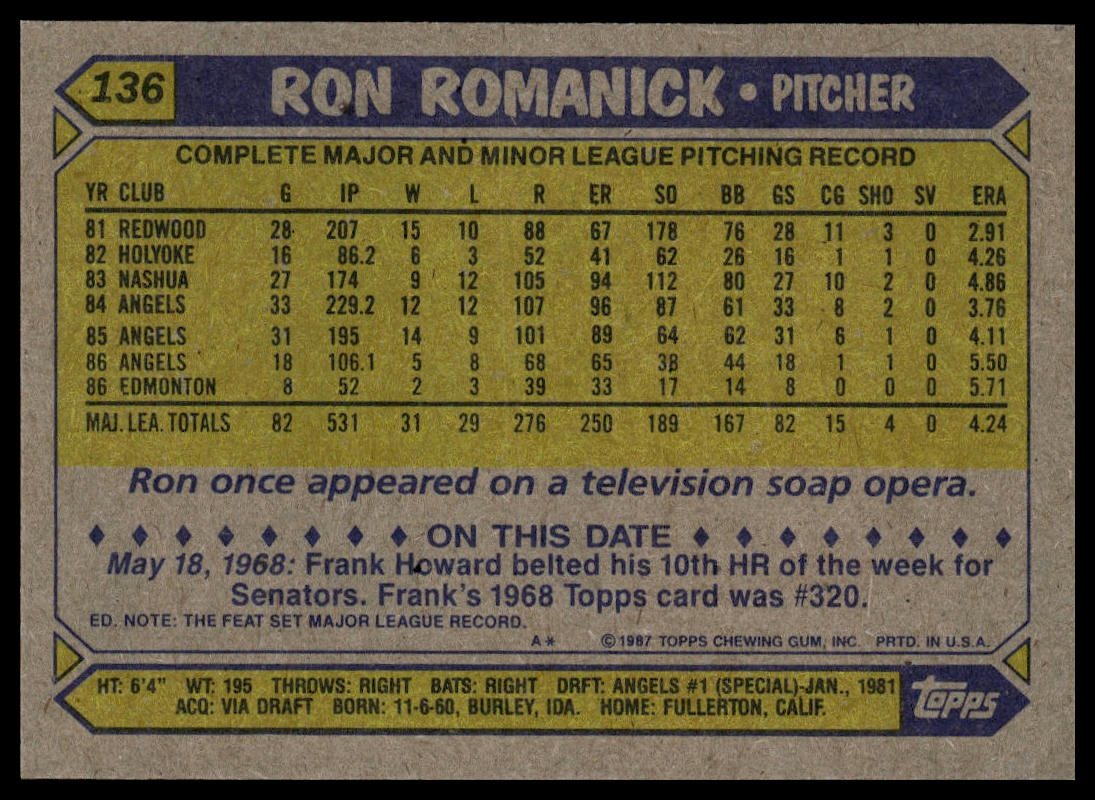 1987 Topps #136 Ron Romanick
