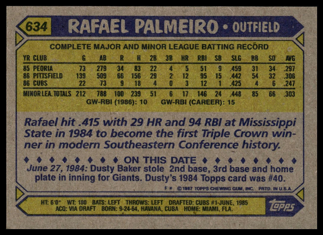 1987 Topps #634 Rafael Palmeiro
