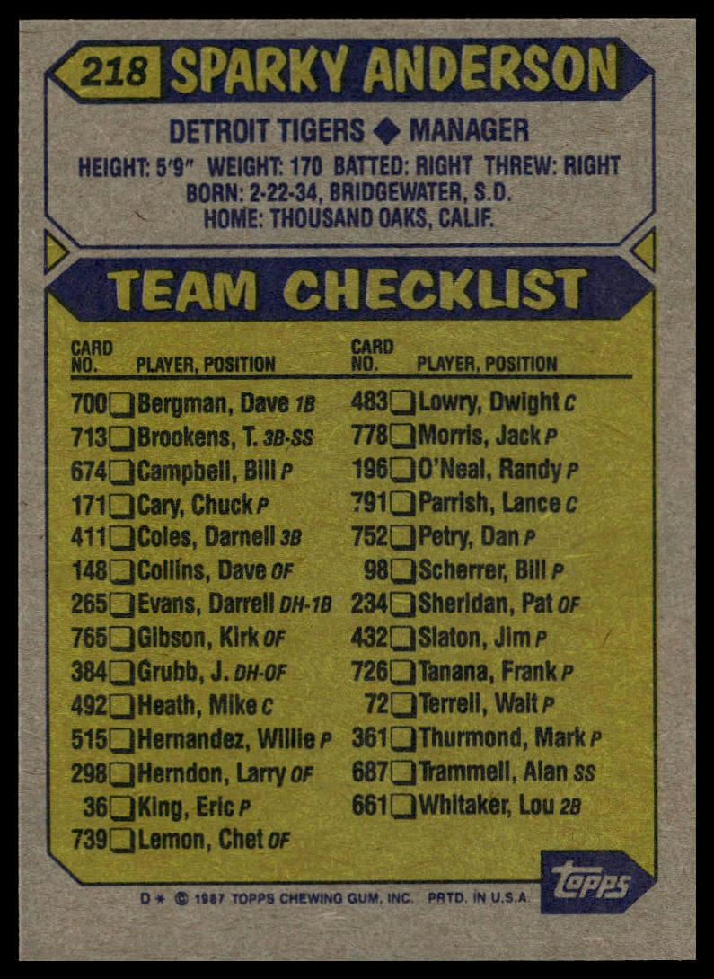 1987 Topps #218 Sparky Anderson