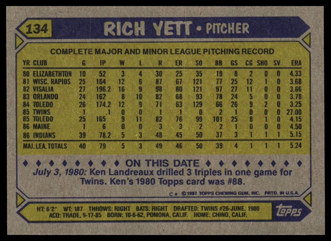 1987 Topps #134 Rich Yett