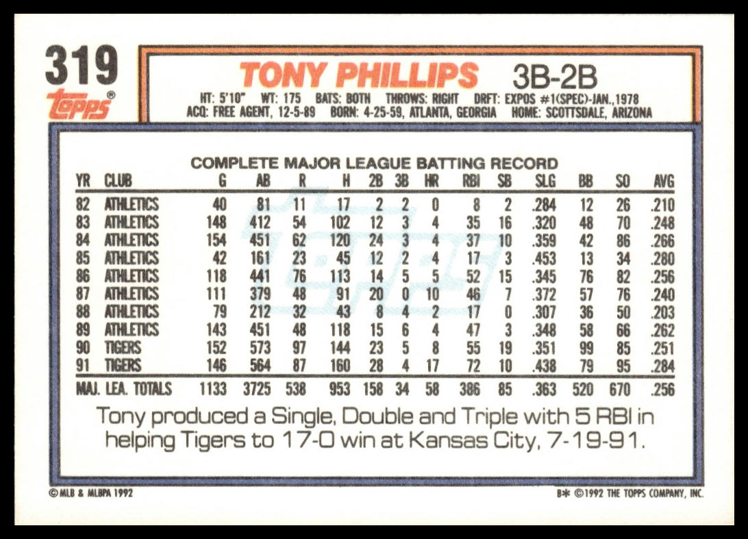 1992 Topps #319 Tony Phillips