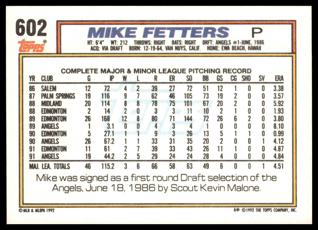1992 Topps #602 Mike Fetters