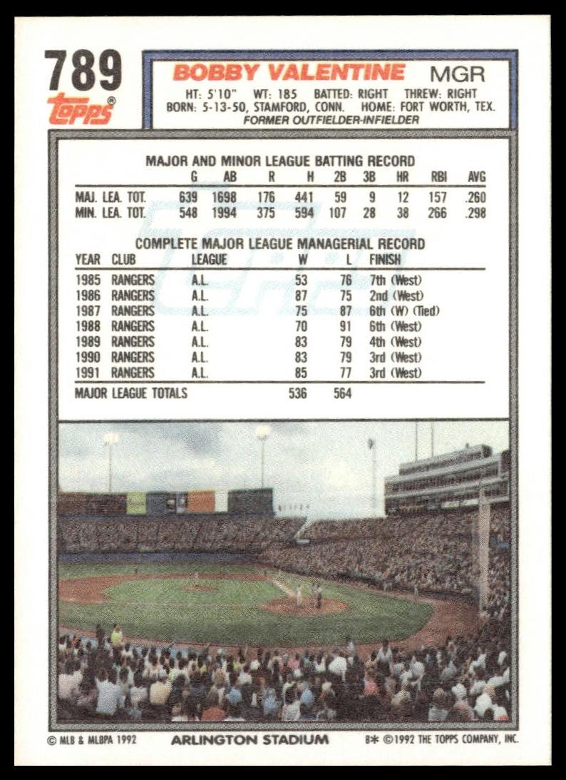 1992 Topps #789 Bobby Valentine
