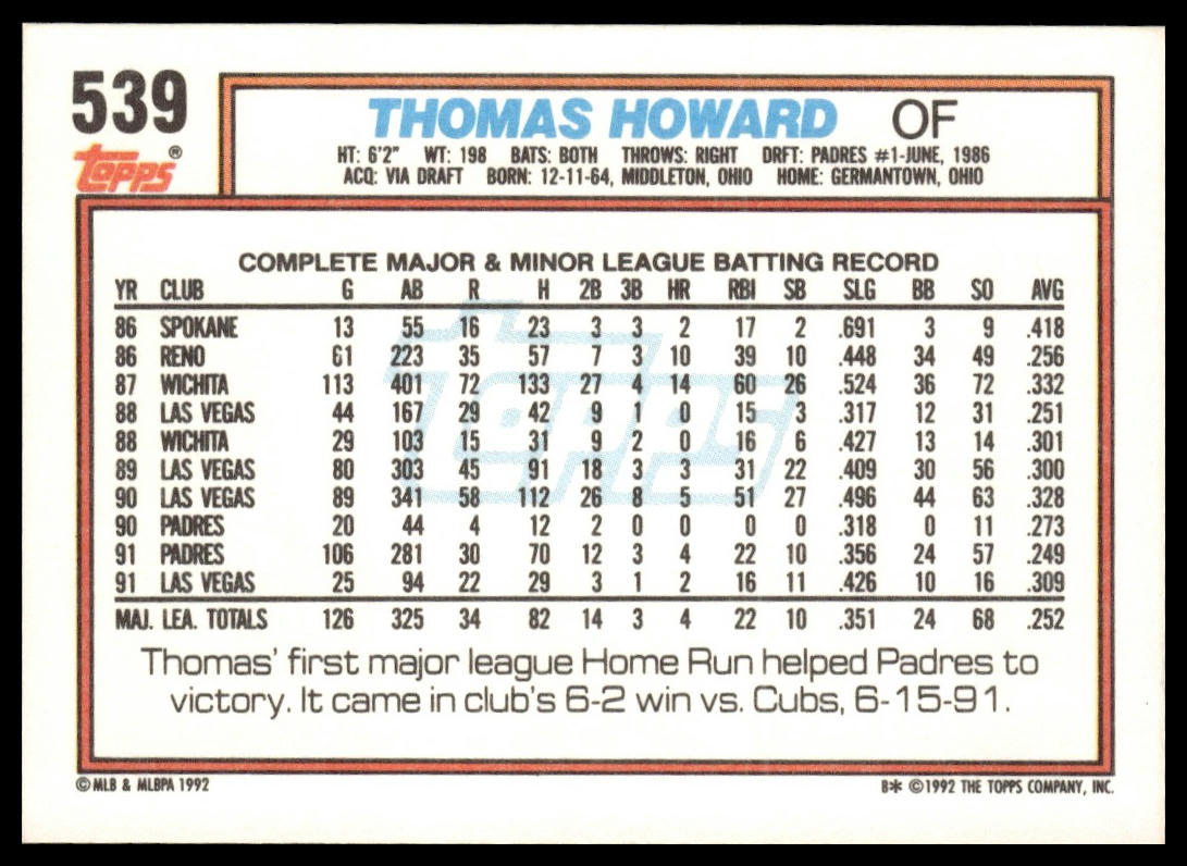 1992 Topps #539 Thomas Howard