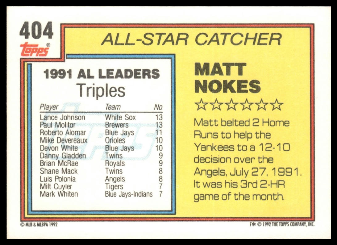 1992 Topps #404 Matt Nokes