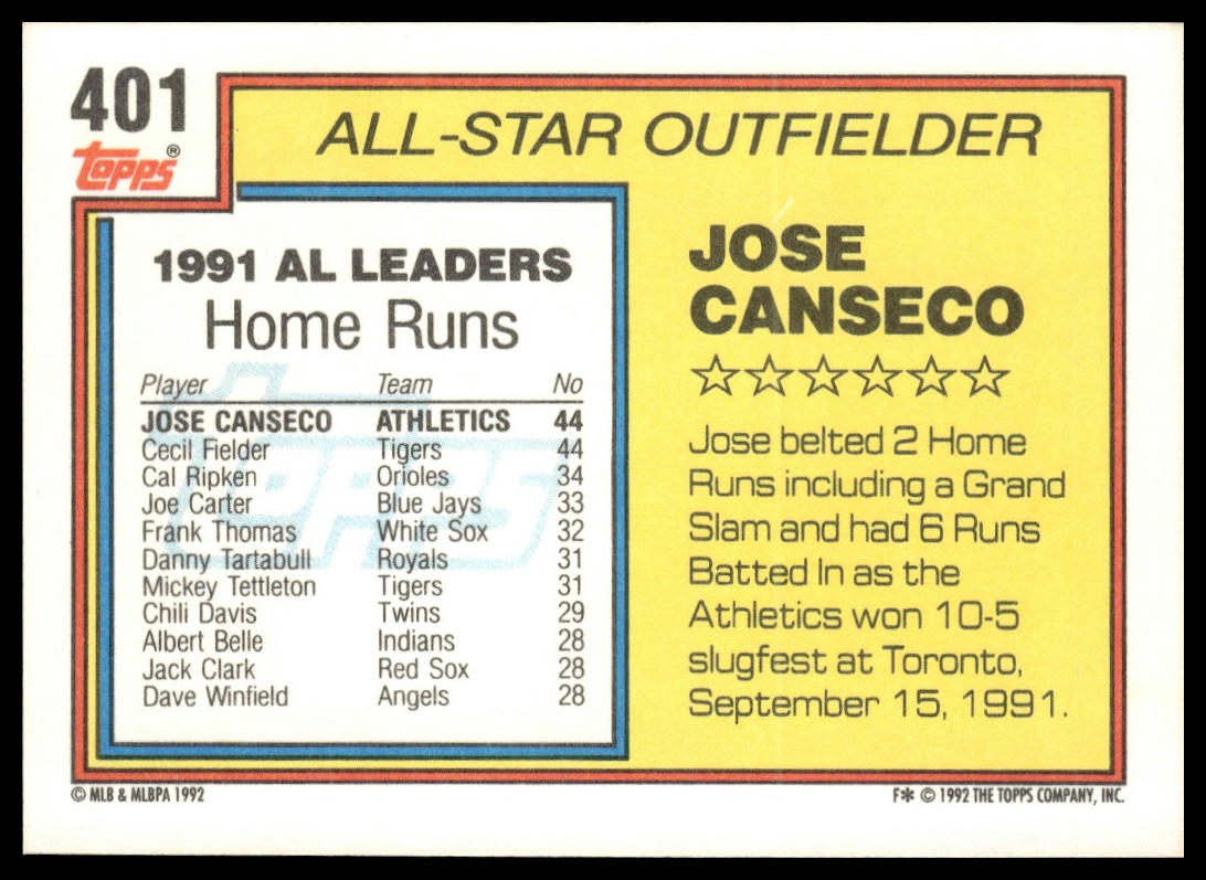 1992 Topps #401 Jose Canseco