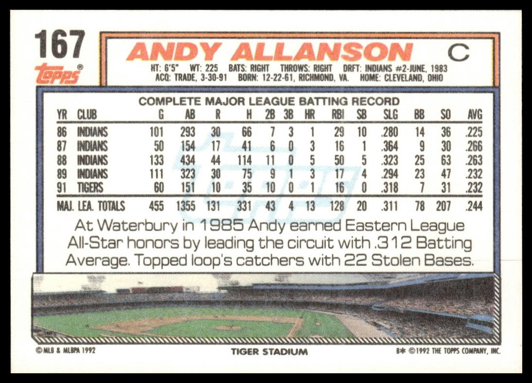 1992 Topps #167 Andy Allanson