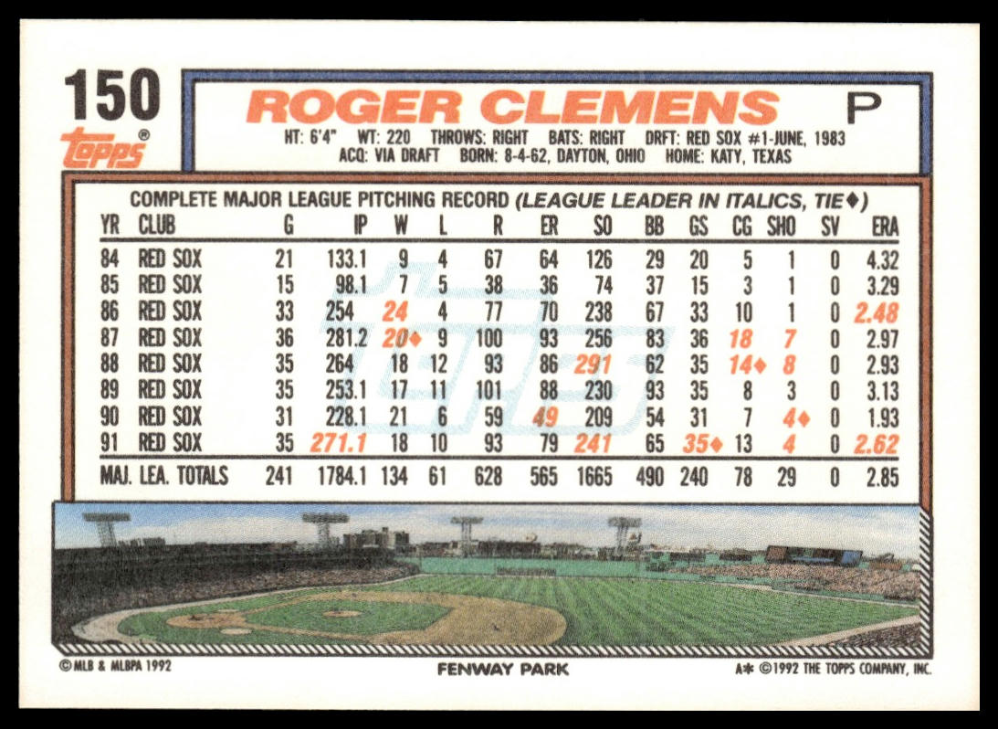 1992 Topps #150 Roger Clemens