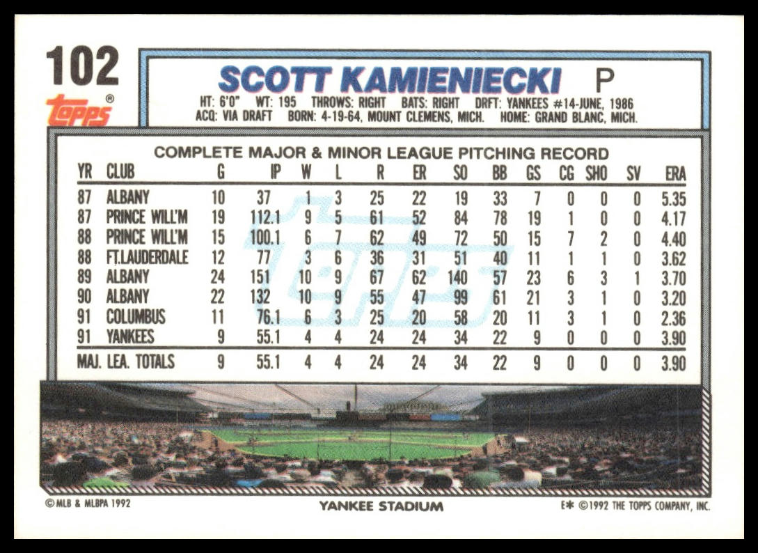 1992 Topps #102 Scott Kamieniecki