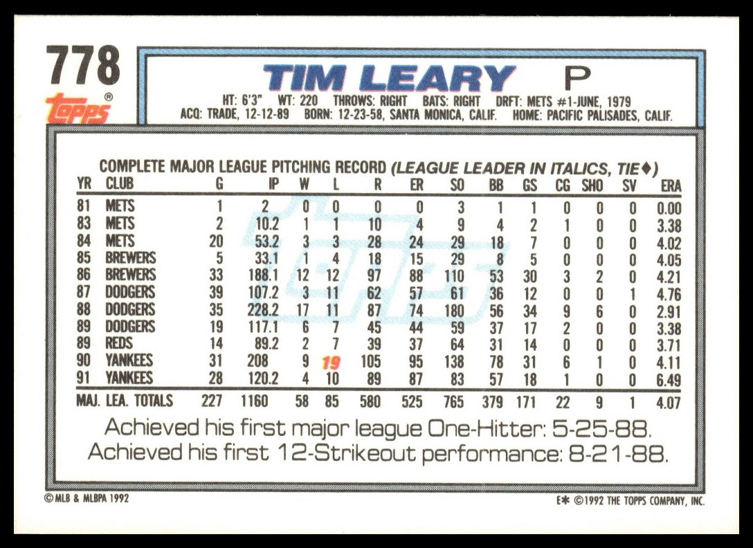 1992 Topps #778 Tim Leary