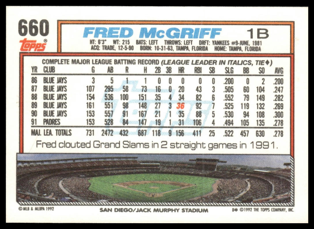1992 Topps #660 Fred McGriff