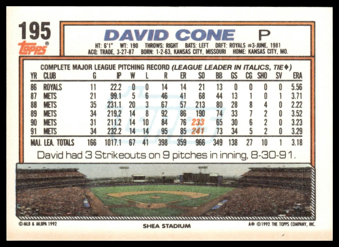 1992 Topps #195 David Cone