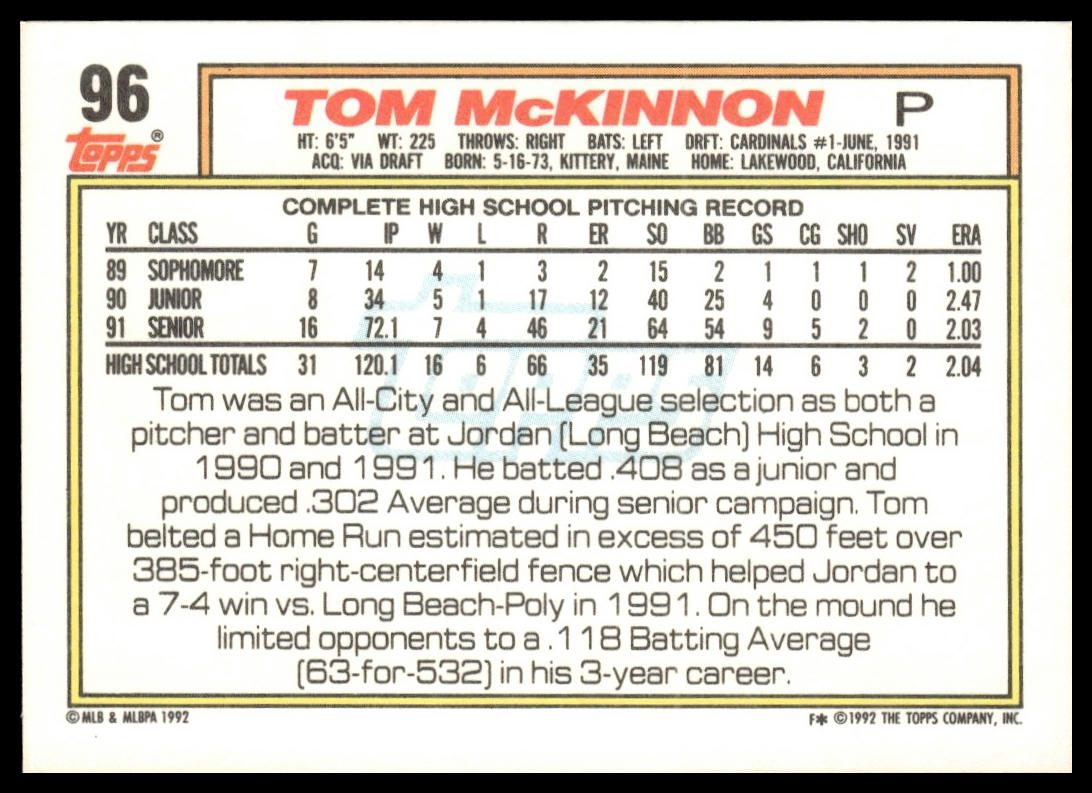 1992 Topps #96 Tom McKinnon