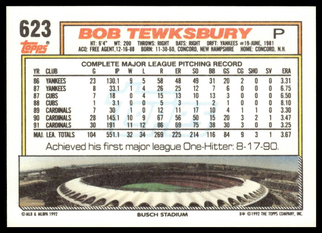 1992 Topps #623 Bob Tewksbury