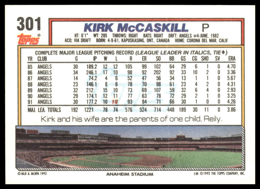 1992 Topps #301 Kirk McCaskill