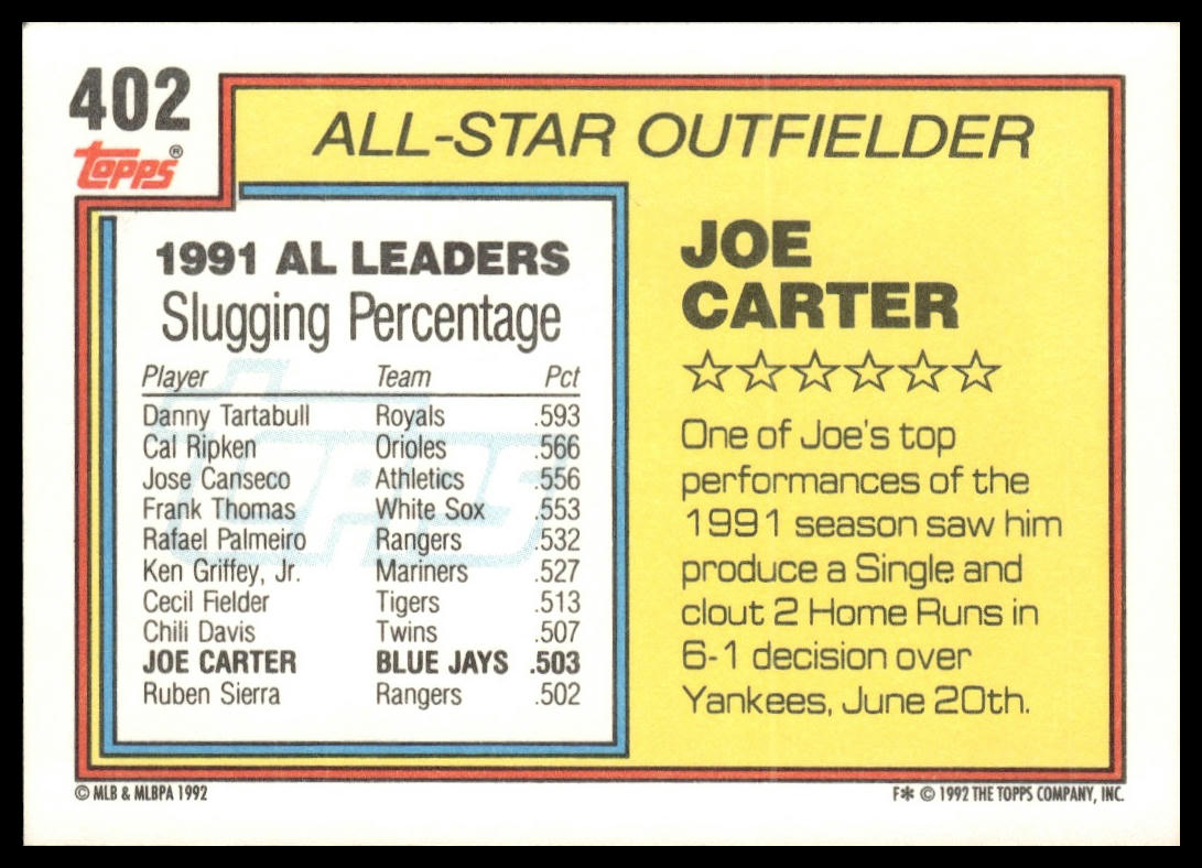 1992 Topps #402a Joe Carter print code F*