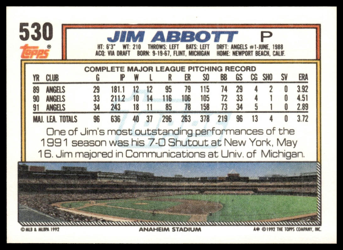 1992 Topps #530 Jim Abbott