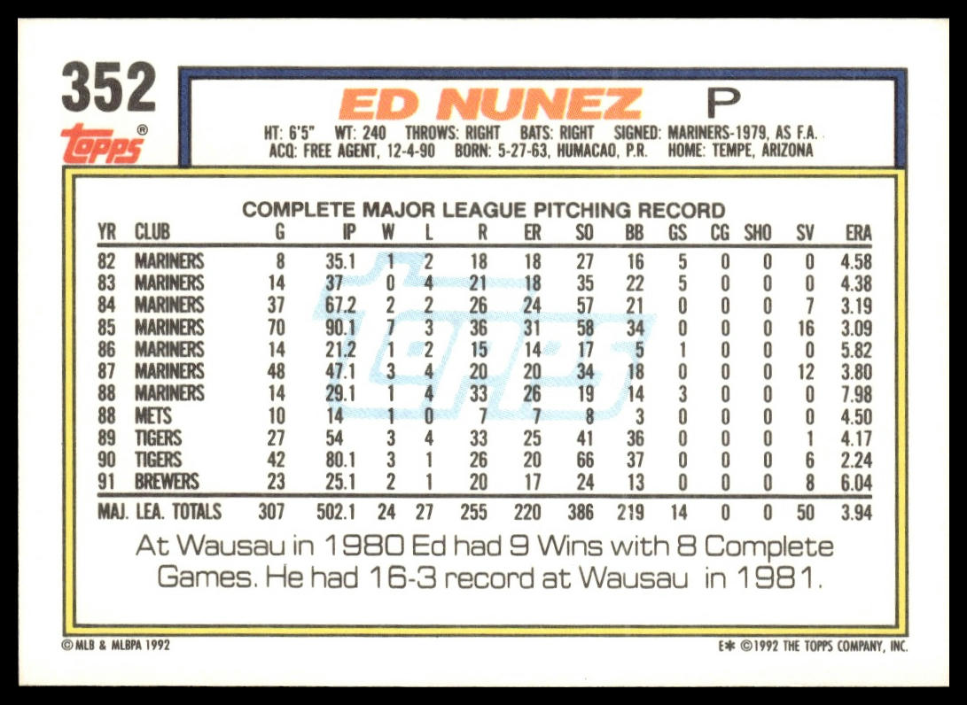 1992 Topps #352 Edwin Nunez